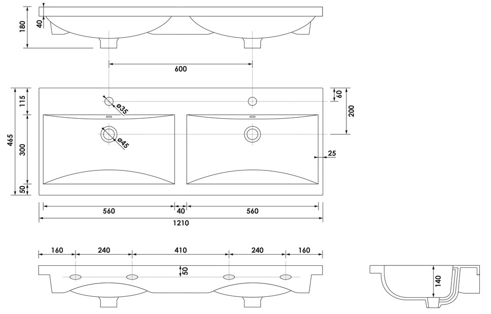 Brauer Halo wastafel keramiek 120cm met 2 kraangaten wit glans