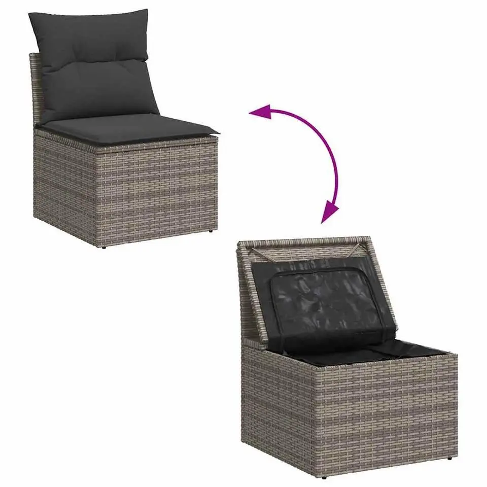 vidaXL Loungeset voor 6 met kussens en verstelbaar tuintafel poly rattan - Grijs