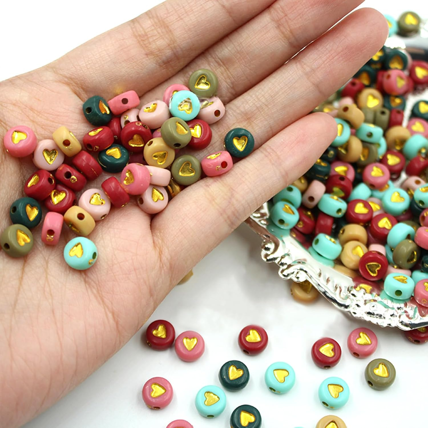 (100er Set) 7mm Acryl Herz Perlen DIY Bastel Schmuck Zwischenperle für Armband / Kette - Bunt / Gold