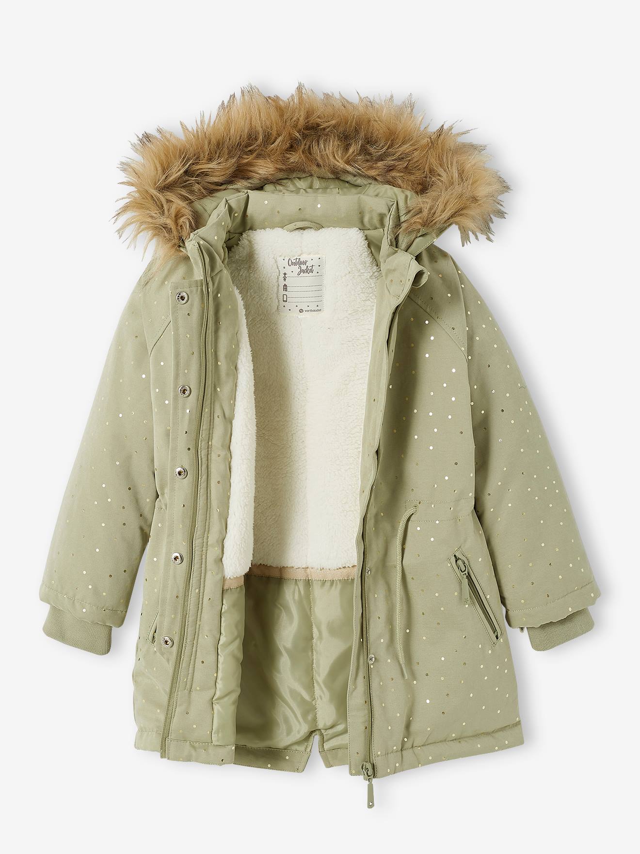 Parka infantil tamanho médio com capuz, estampa iridescente de bolinhas verdes e enchimento de poliéster reciclado.
