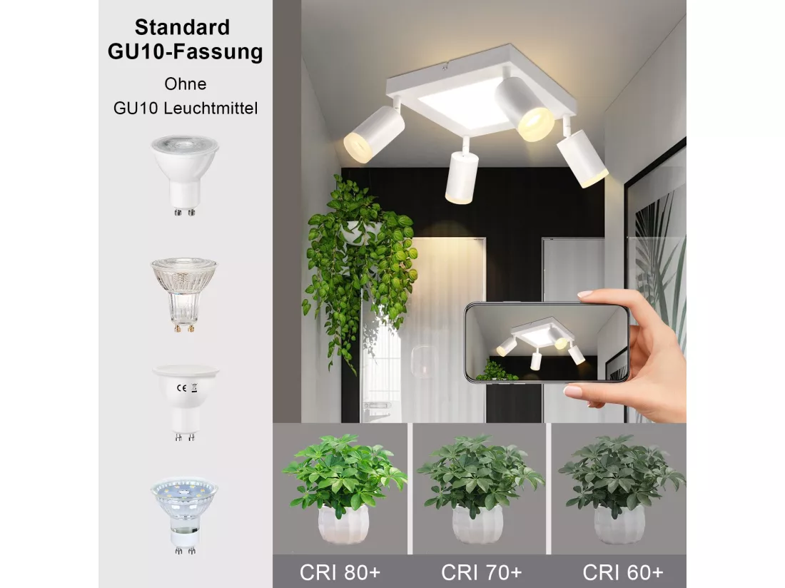 NETTLIFE Spot de plafond 4 ampoules carré 3000K GU10 installation facile blanc chaud orientable 350° moderne