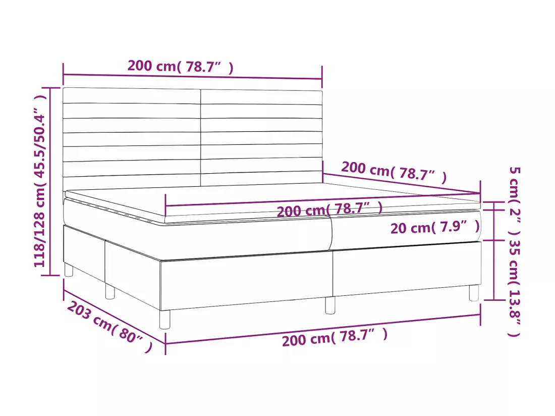 Sommier tapissier matelas et LED Marron foncé 200x200 cm Tissu