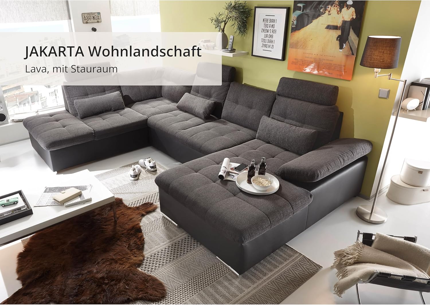 JAKARTA Wohnlandschaft in U-Form in Lederoptik, Dunkelgrau / Anthrazit - Ausziehbares Sofa mit Schlaffunktion & Bettkasten - 324 x 107 x 170 (218) cm (B/H/T)