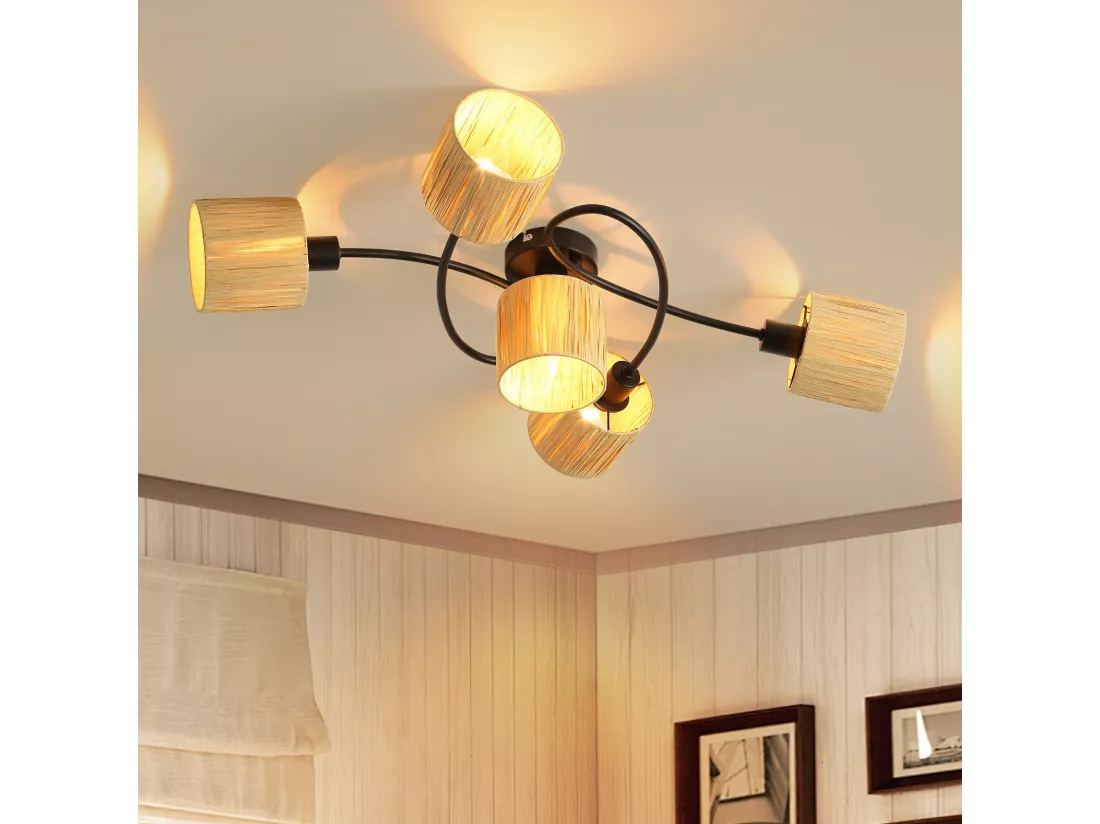 Spot De Plafond 5 Flammes E14 Noir Naturel Plafonnier Papier Salon