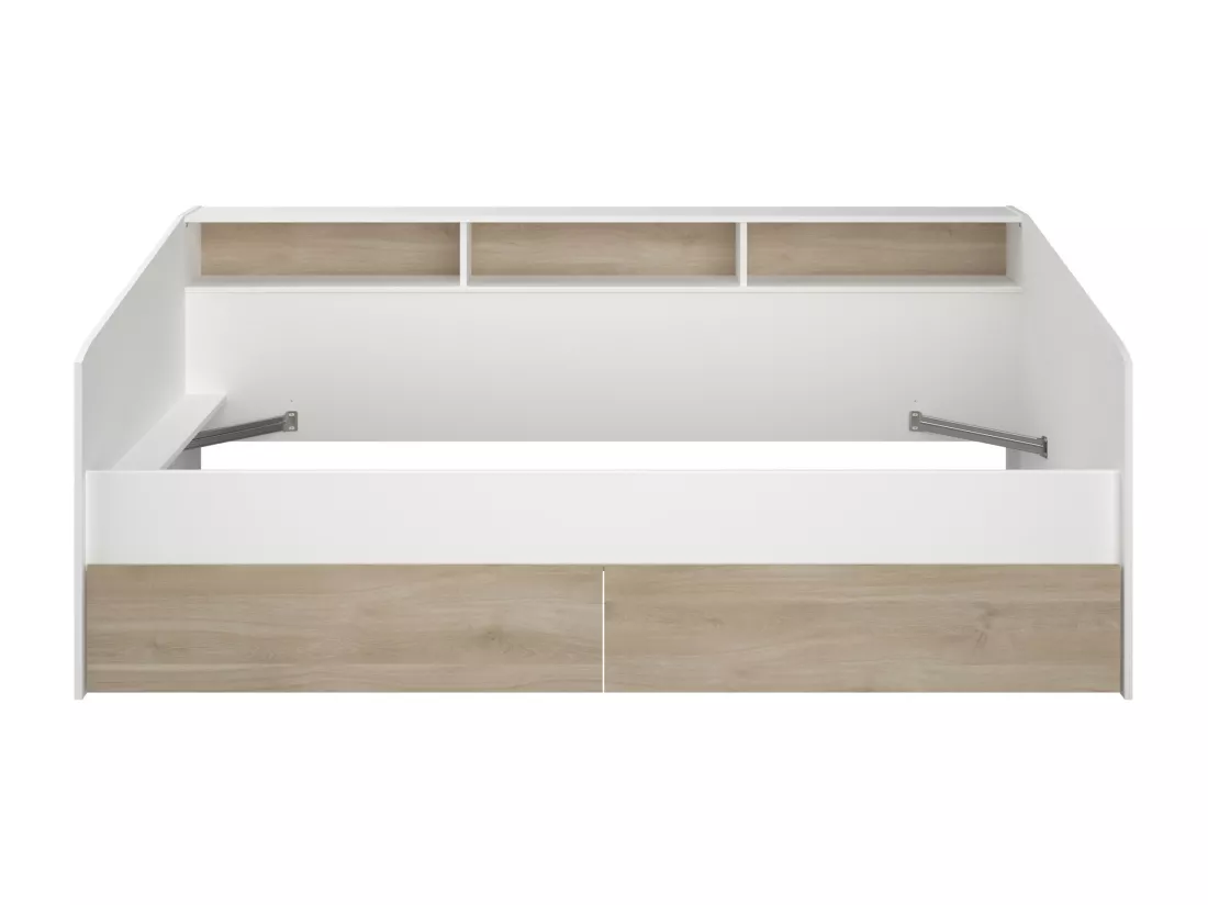 Lit 90 x 190/200 cm avec rangements - Blanc et naturel + Sommier + Matelas - PAULETTE