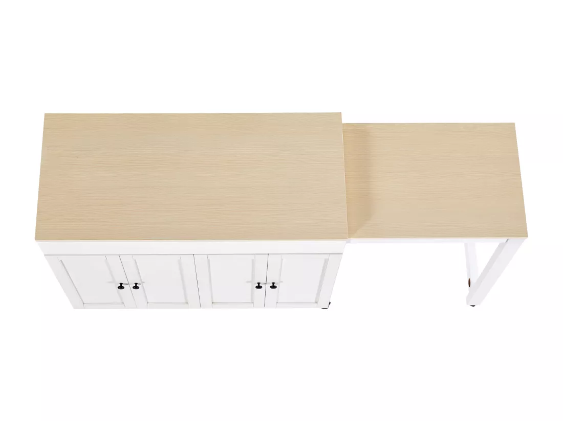 Ilot central de cuisine avec 4 portes - Plateau extensible - 118(180)x46x94 cm - Blanc+naturel