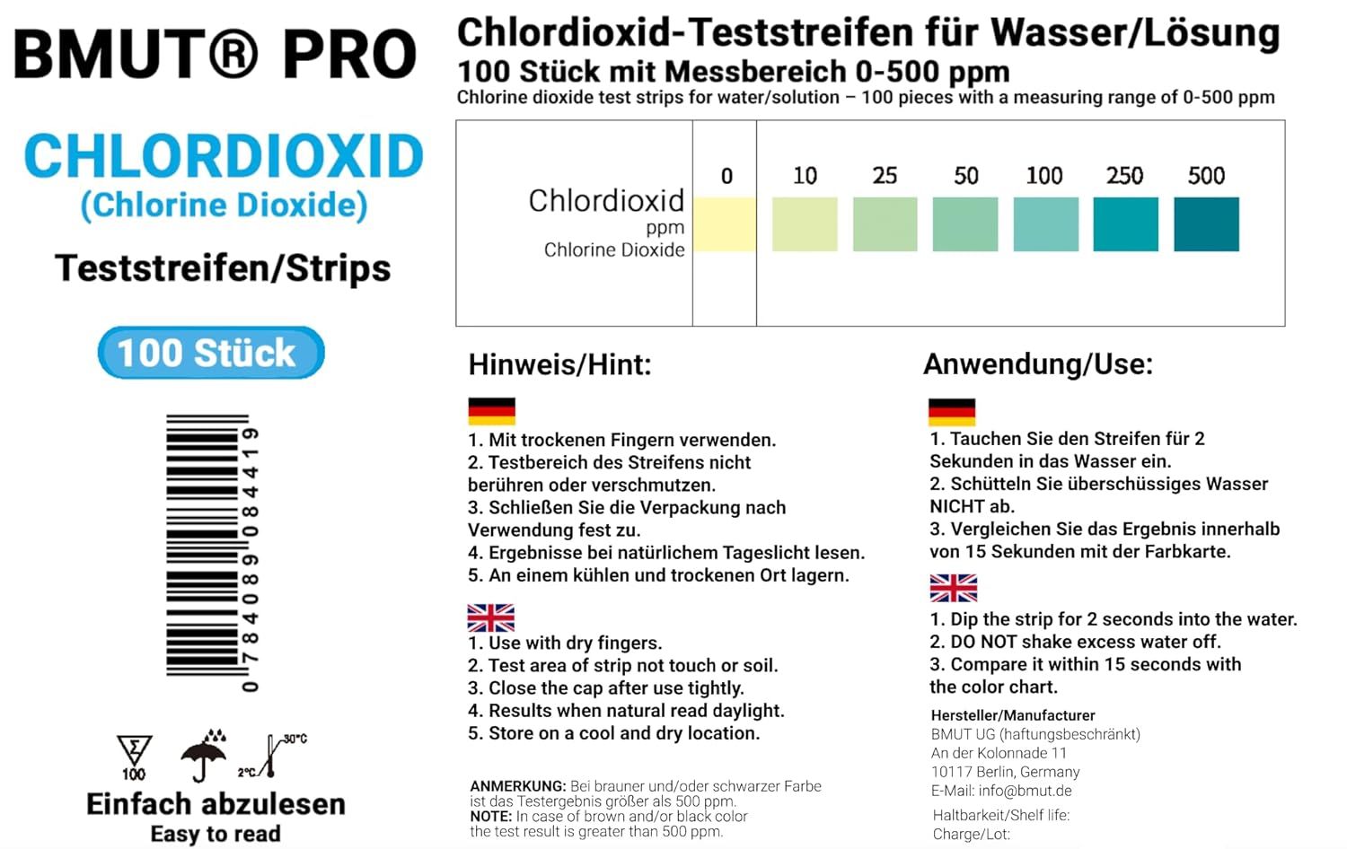 BMUT Teststreifen Chlordioxid Lösung (CDL/CDS) Schnelltest