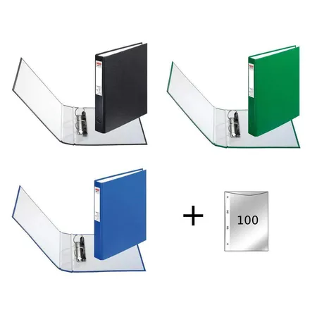 Herlitz Ringbücher DIN A5, 3 Stück je 1x in grün, schwarz und blau, inklusive 100 Prospekthüllen