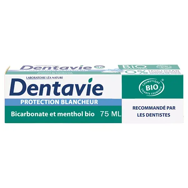 Creme dental Dentavie Whitening Protection com bicarbonato e cristais de mentol orgânico 75ml
