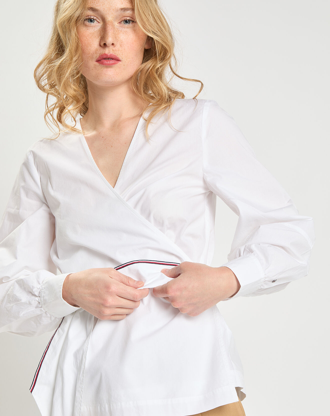 Tommy Hilfiger Blouse 100% Coton Bio Abo Stripe Wrap blanche