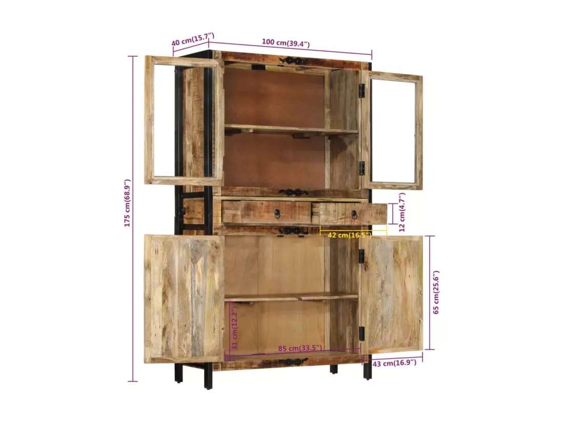 Buffet 100x40x175 cm bois de manguier brut massif