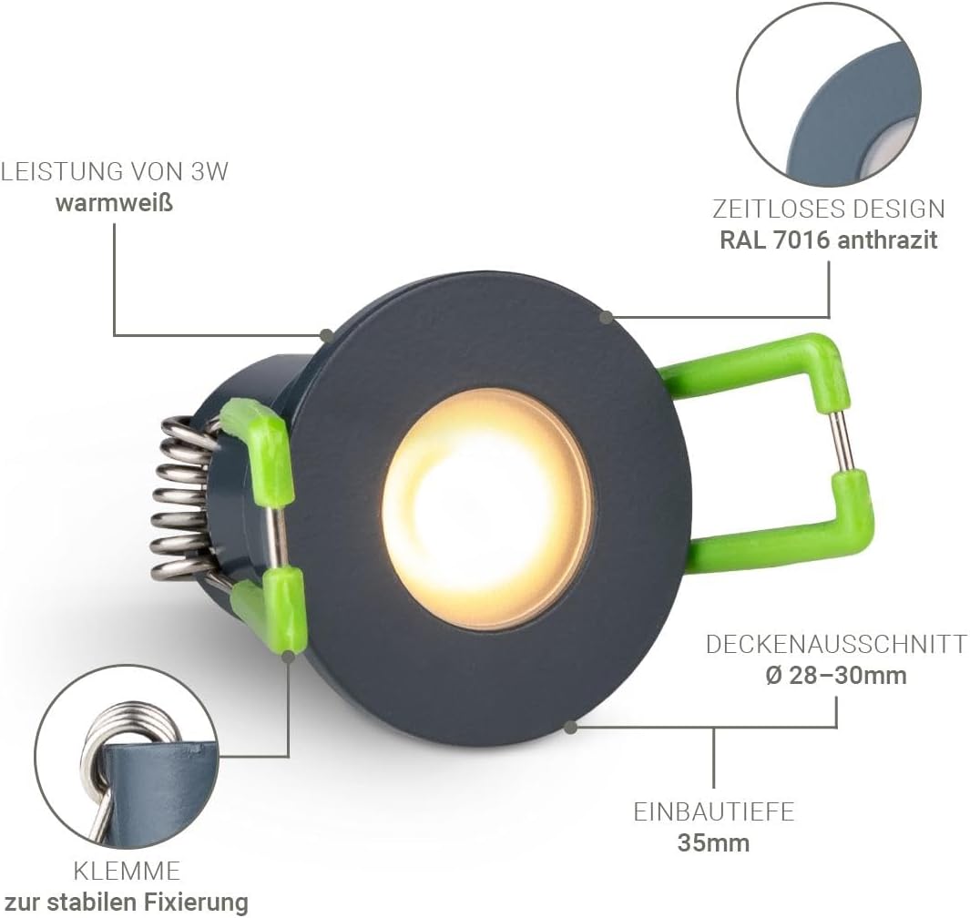 LongLife LED 6er Set Einbaustrahler Mini 3W 2700K anthrazit RAL 7016 IP65 Dimmbare Strahler für Terrassenüberdachung, Carports, Dachüberständen