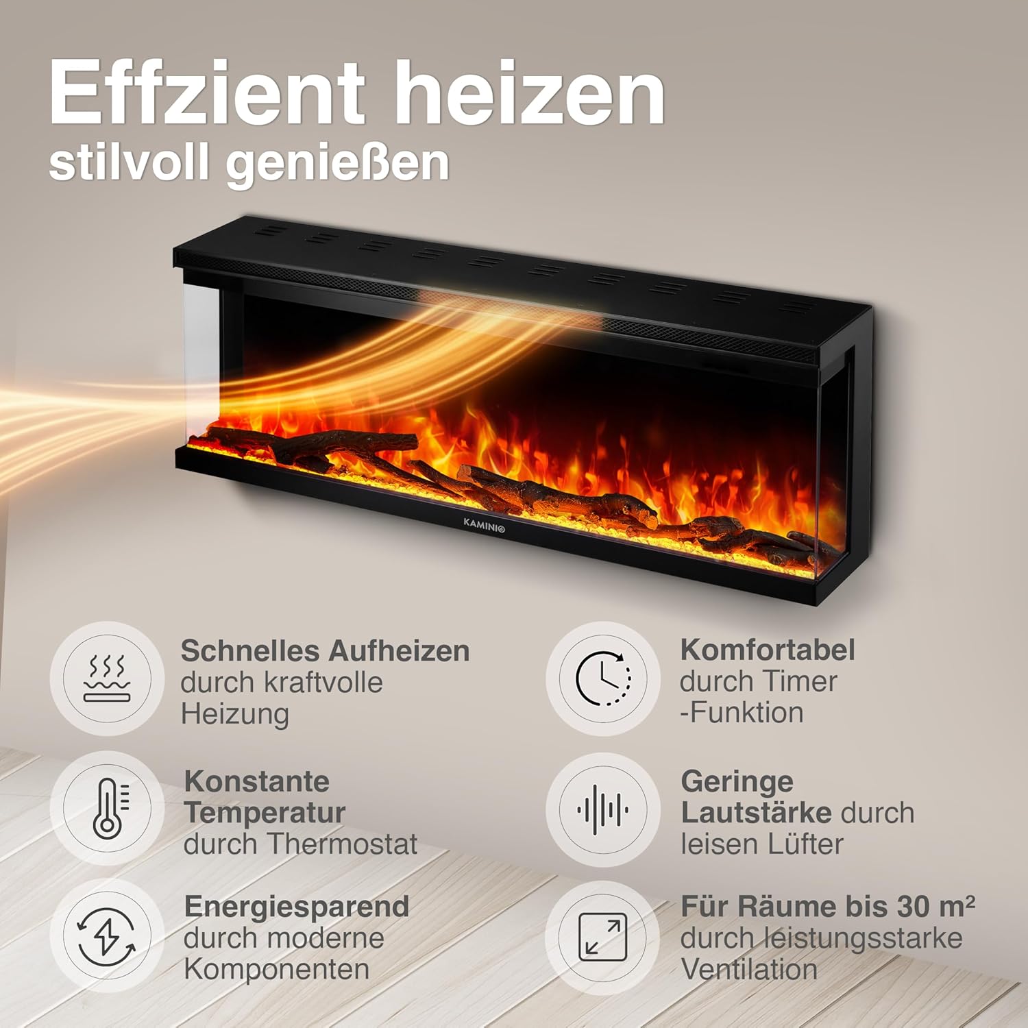 Elektrokamin LEA - Elektrischer 3-in-1 Kamin mit Panoramaview, Heizung, 3D-Flammeneffekt, 12 Flammenfarben, Fernbedienung (50 Zoll)