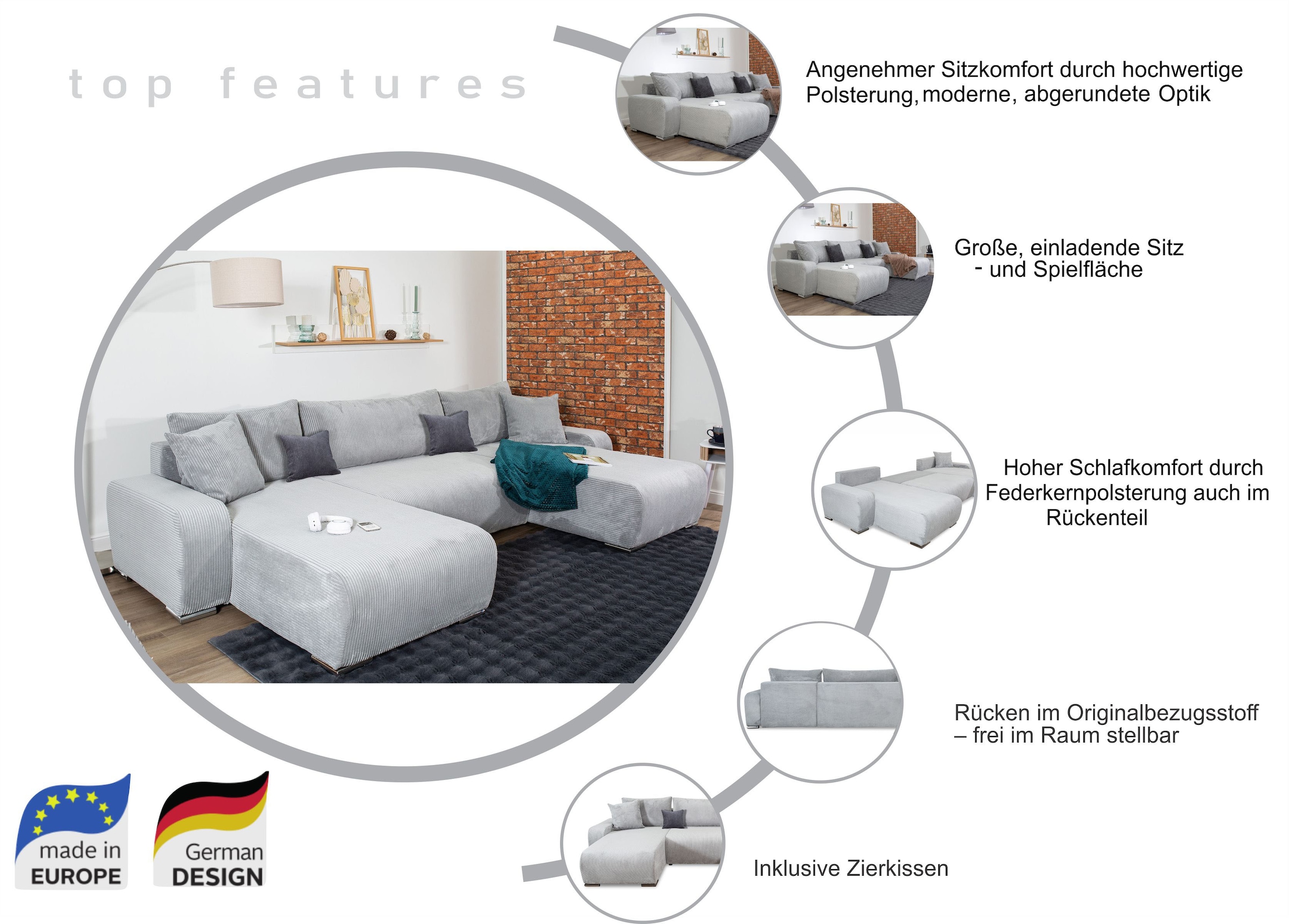 COLLECTION AB Wohnlandschaft »Paola U-Form, Breite 314 cm« inkl. Schlaffunktion, Stauraum, Zierkissen und Bonnellfederkern