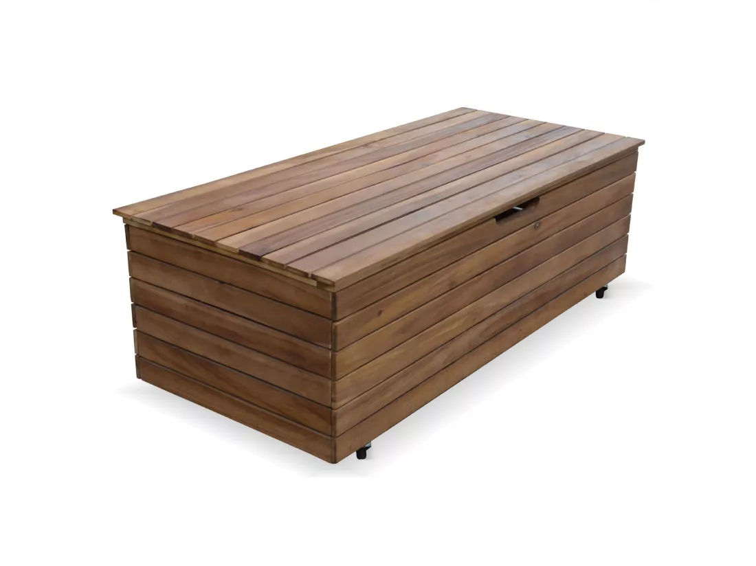 Coffre de jardin en bois - Saragosse - 130L. rangement coussins 107x48.5cm avec vérins et roulettes