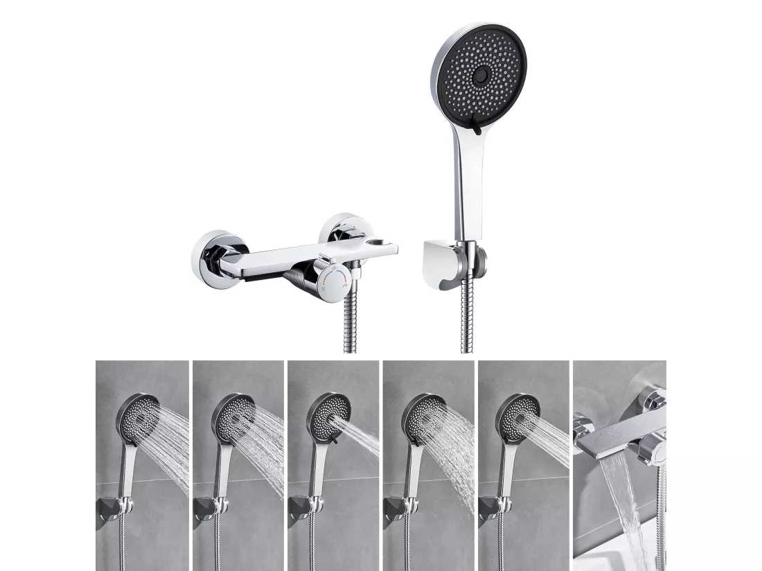 Robinet Baignoire Cascade Auralum MAX,Chromé,avec Douchette 5 Fonction,Mitigeur en Laiton,Robinet Douche ​Montage Murale avec Douche Chaud Et Froid