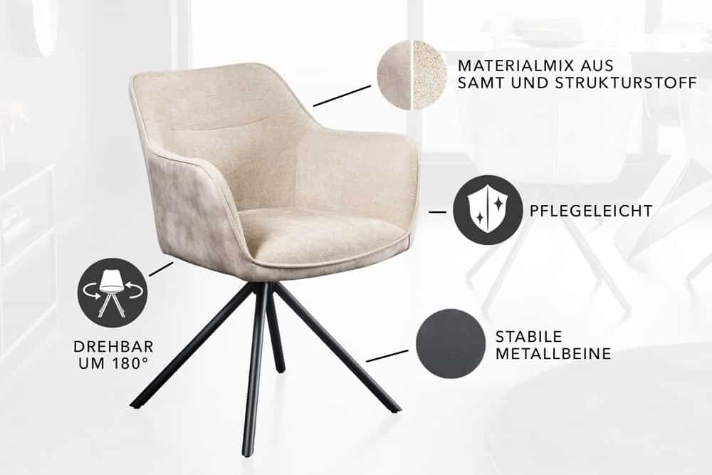 Drehbarer Stuhl VERONA champagner beige Samt Strukturstoff mit Armlehne Metallbeine schwarz