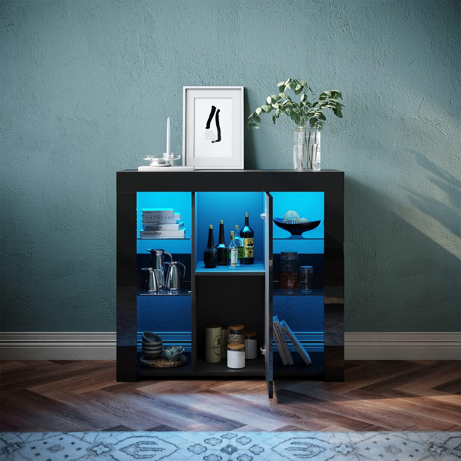 SONNI Sideboard, Küchenschrank, mit LED Beleuchtung(12 Farben können eingestellt Werden) Schwarz Hochglanz Aufbewahrungsschrank, für Küche,Wohnzimmer, 90(B)*35(T)*83(H) cm