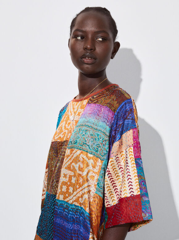 Vestido de patchwork de seda - Multicolorido