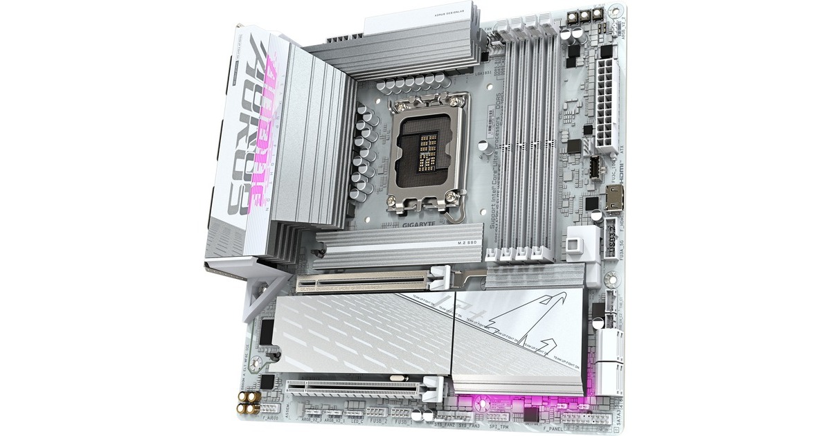 GIGABYTEB860M AORUS ELITE WIFI6E ICE socket 1851 moederbord  (Zilver/wit, RAID, 2.5Gb-LAN, Wi-Fi 7, BT, Sound, µATX)