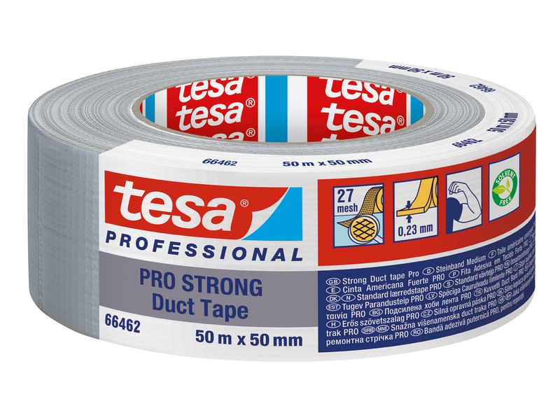tesa Klebeband Pro Strong Duct Tape Grau, 50 m x 50 mm Klebeband mit extra starkem Halt – Duct Tape für Reparaturen, zum Befestigen, Abdichten und mehr