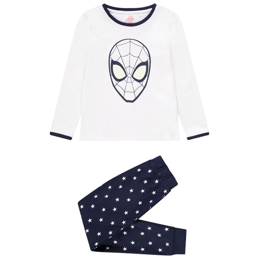Pyjama en interlock 2 pièces t-shirt manches longues + pantalon imprimé fluo Spiderman pour garçon - Ecru