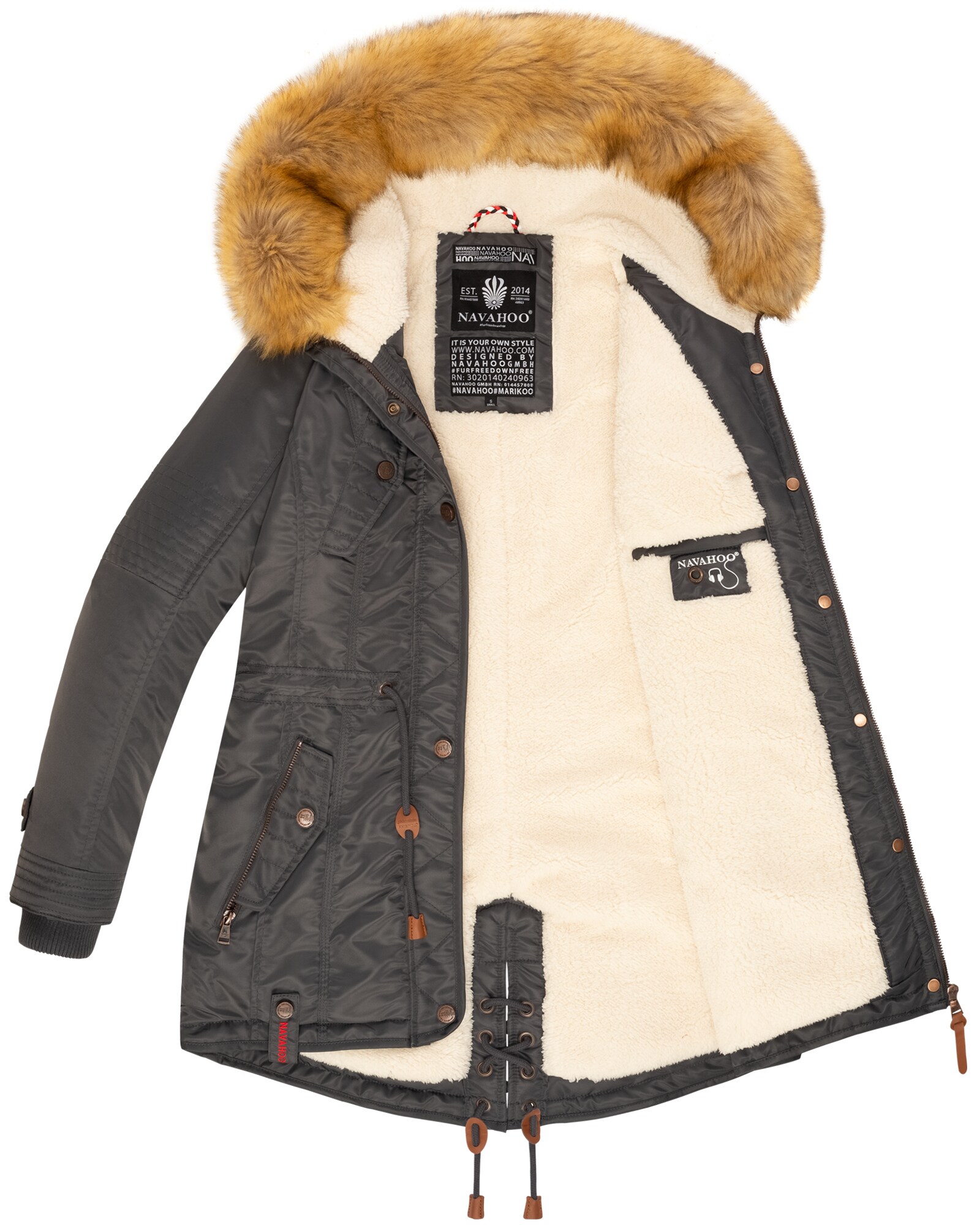 NAVAHOO Damen Hochwertiger Wintermantel Winterparka mit großem Kunstfell La Viva