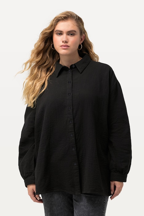 Musselin-Hemdbluse, Oversized, Hemdkragen, Langarm