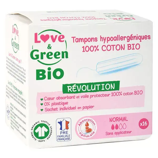 Love & Green Higiene Feminino Normal Orgânico Hipoalergênico Tampões 16 unidades