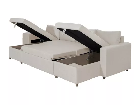 Canapé d'angle panoramique Oslo convertible avec coffres et poufs à gauche - Tissu - Beige - L311 x P146 x H81cm - Loungitude