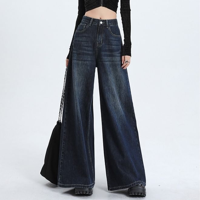 Maisee - High Waist Washed Wide Leg Jeans