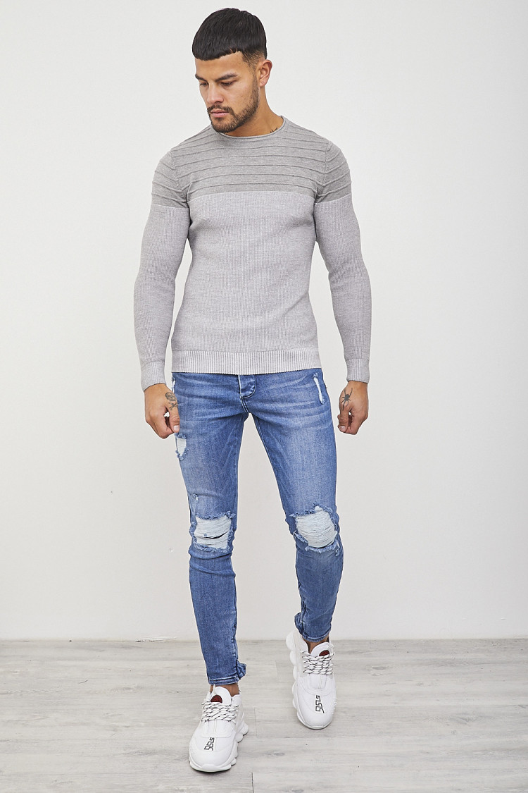 Pull fin bicolore gris et blanc