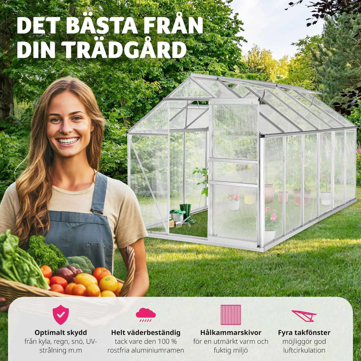 Aluminium Drivhus med fundament - 375 x 185 x 195 cm