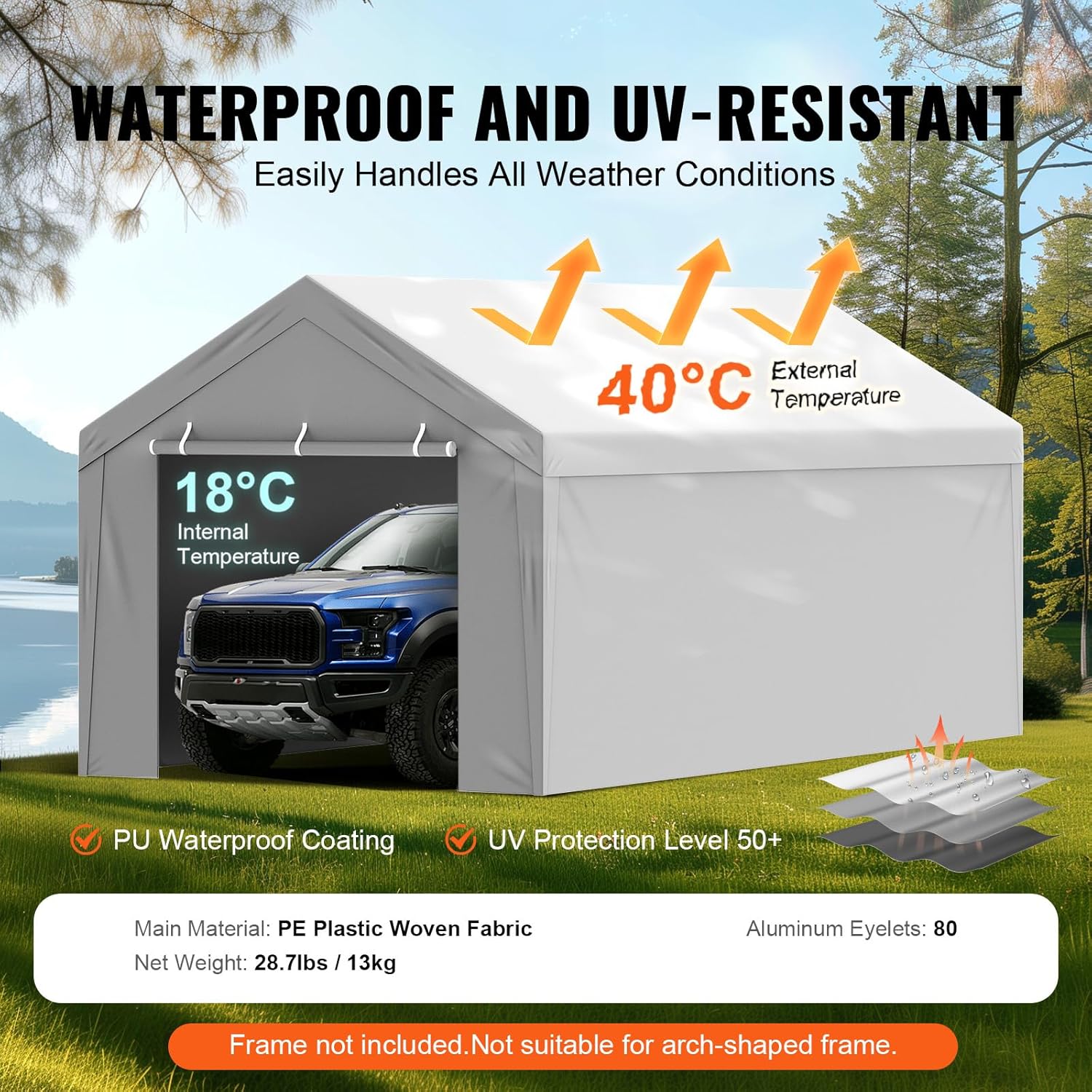 VEVOR Carport Garagezelt, Oben + Seitenwand 3 x 6 m, Garagenzelt-Unterstandplane, wasserdicht und UV-geschützt, einfache Installation mit Spanngurten, weiß (Rahmen Nicht im Lieferumfang enthalten)