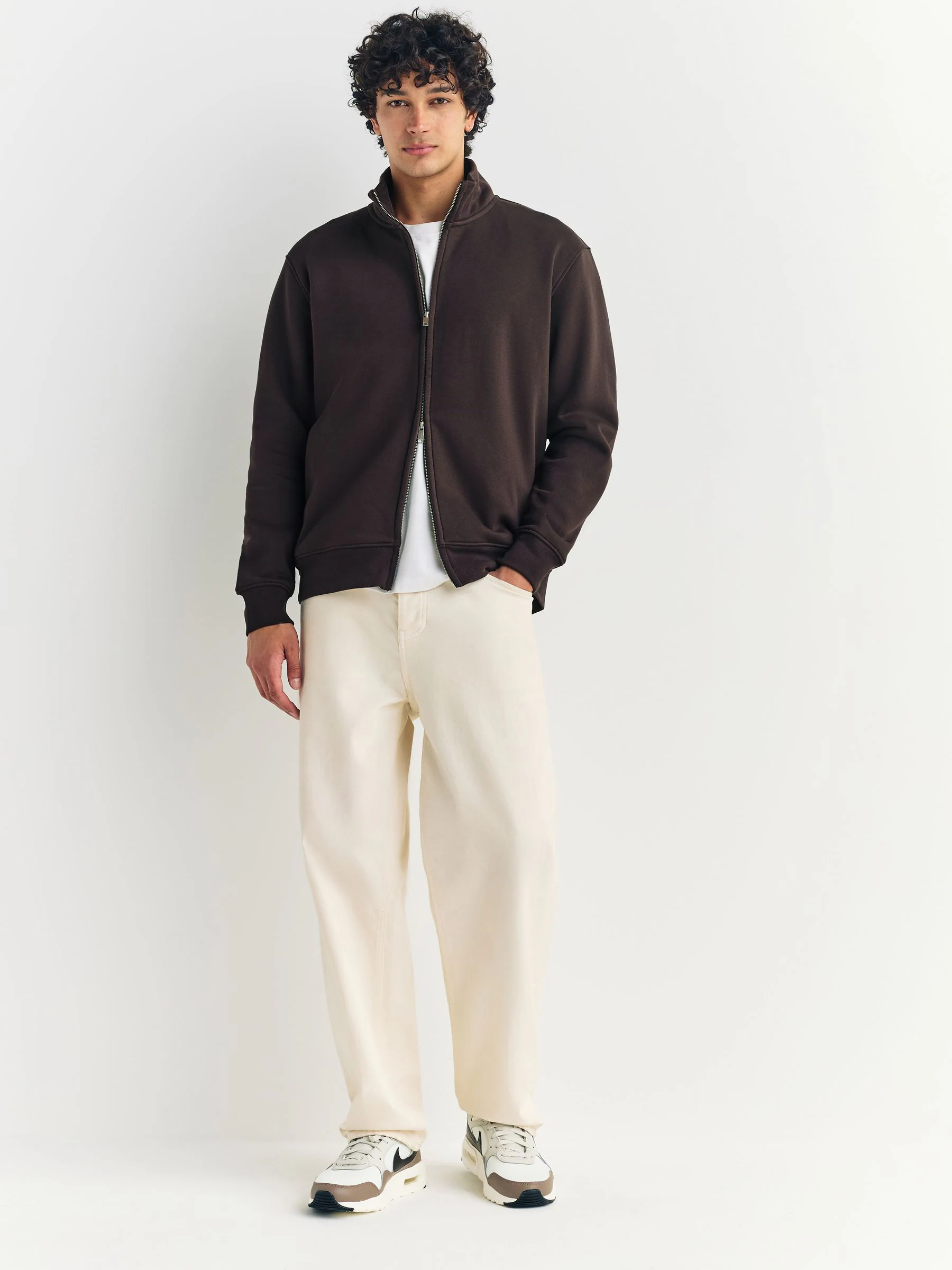 Chocoladebruin - Cotton Rich Jersey Full Zip Funnel Neck Sweatshirt