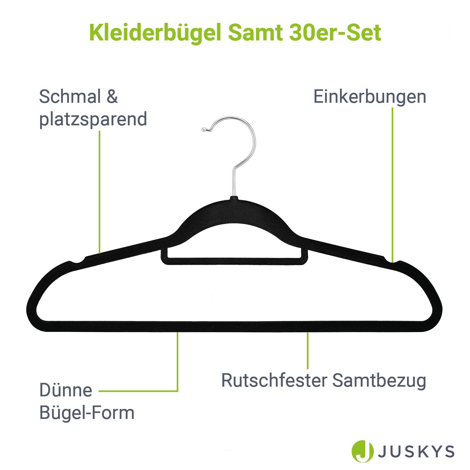 Juskys Kleiderbügel Samt 30er Set - Bügel rutschfest, schmal, beflockt - Samtbügel 30 Stück Schwarz
