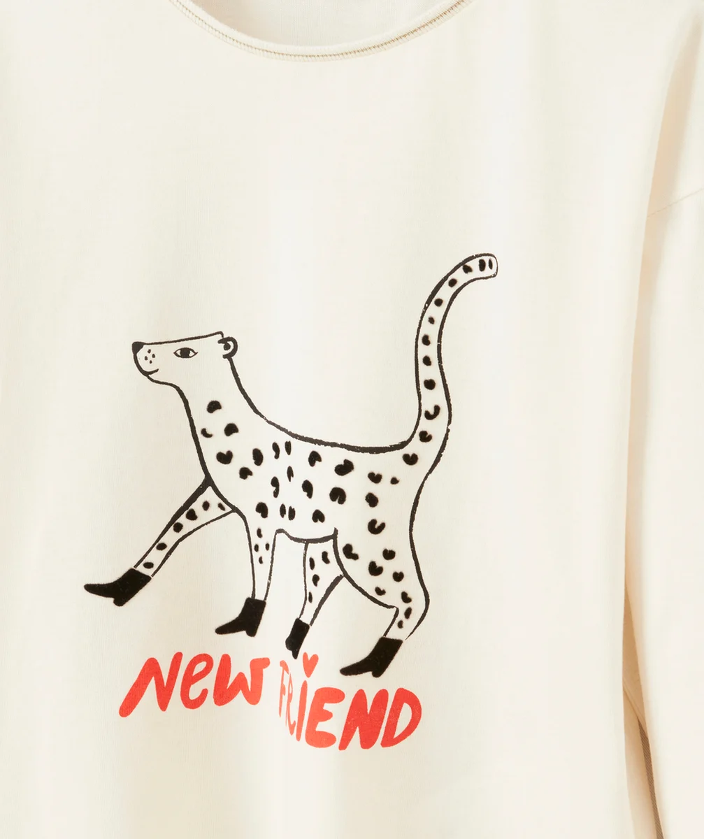 T-SHIRT FILLE EN COTON BIO ÉCRU AVEC LÉOPARD ET MESSAGE