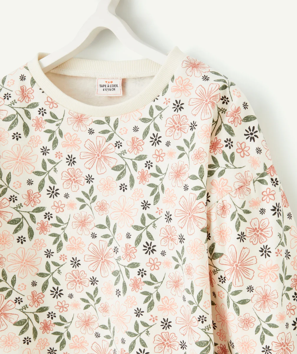 SWEAT FILLE EN FIBRES RECYCLÉES ÉCRU AVEC IMPRIMÉ FLEURI