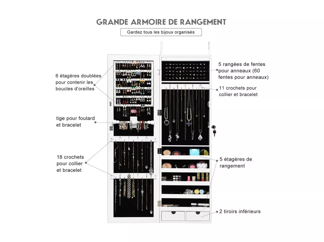Armoire à bijoux mural avec led intégré ,37 x 9,6 x 120 cm