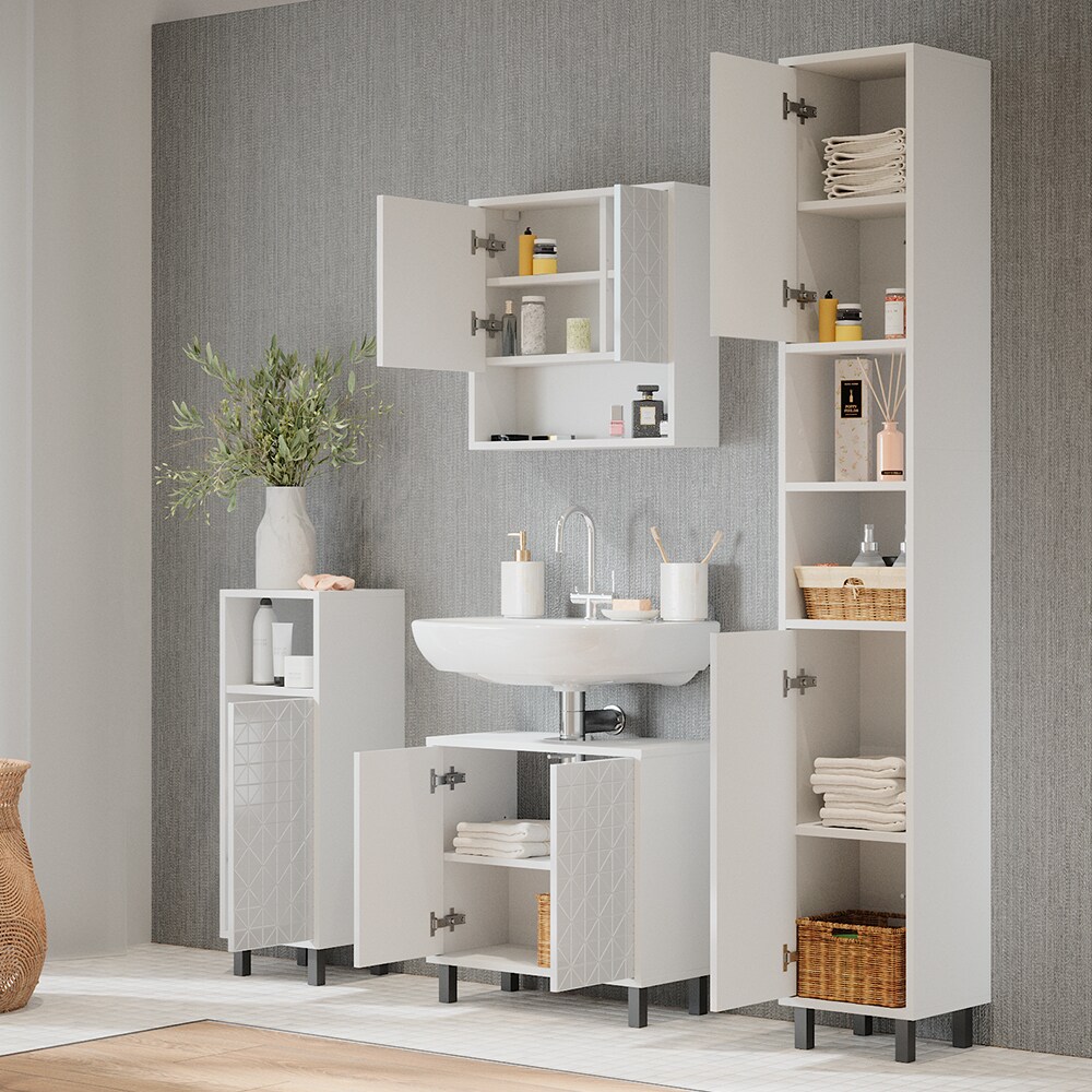 Vicco Badmöbel-Set Agasta weiß, Badezimmerschränke 3D Optik