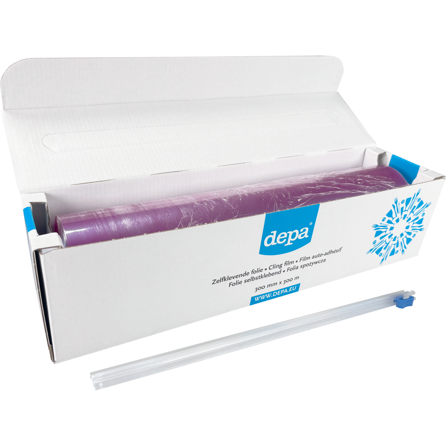 Depa Folie, zelfklevend, op rol/dispenserdoos, PVC, 30cm, 300m, 8my, transparant