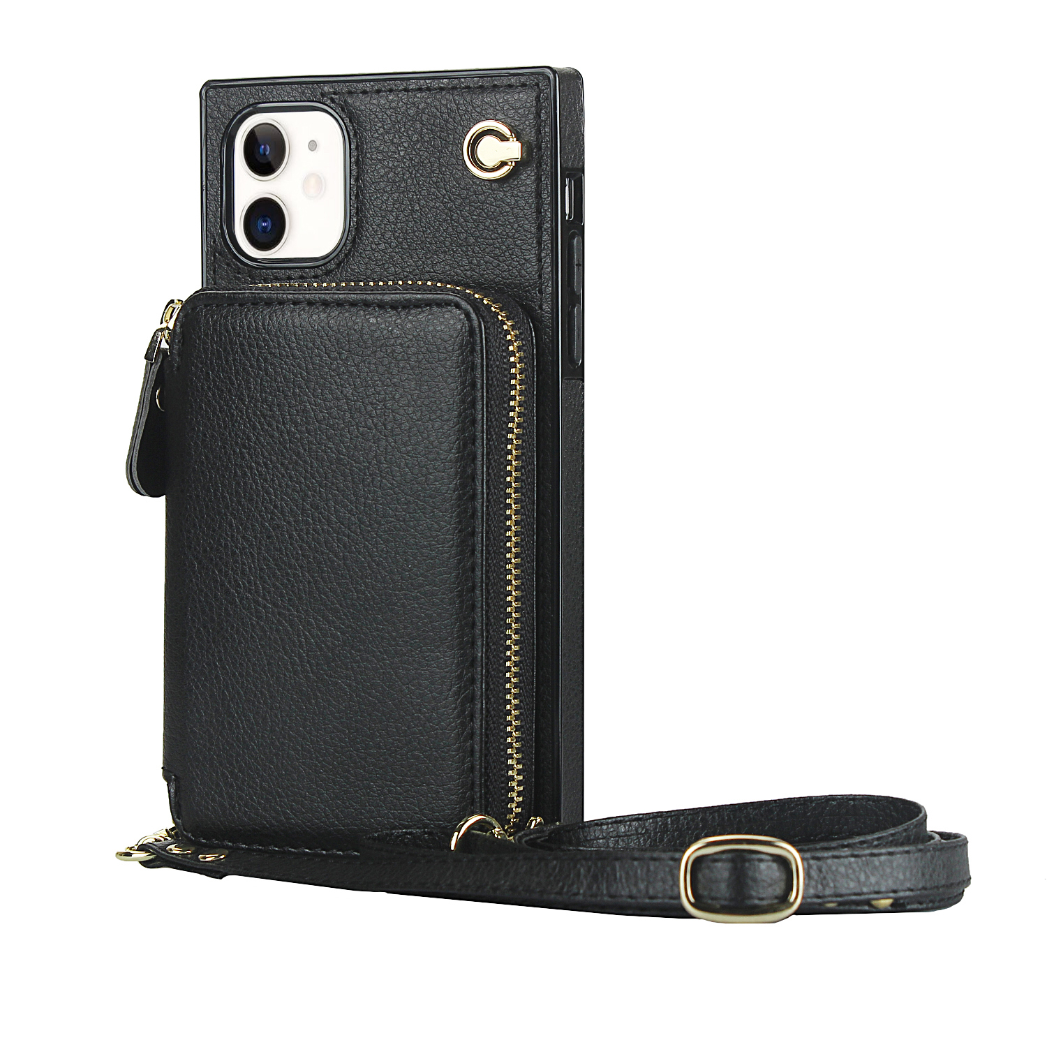 iPhone 11 Necklace Leder Schutz Hülle mit Kartenfächer   Handykette (140cm) - Schwarz