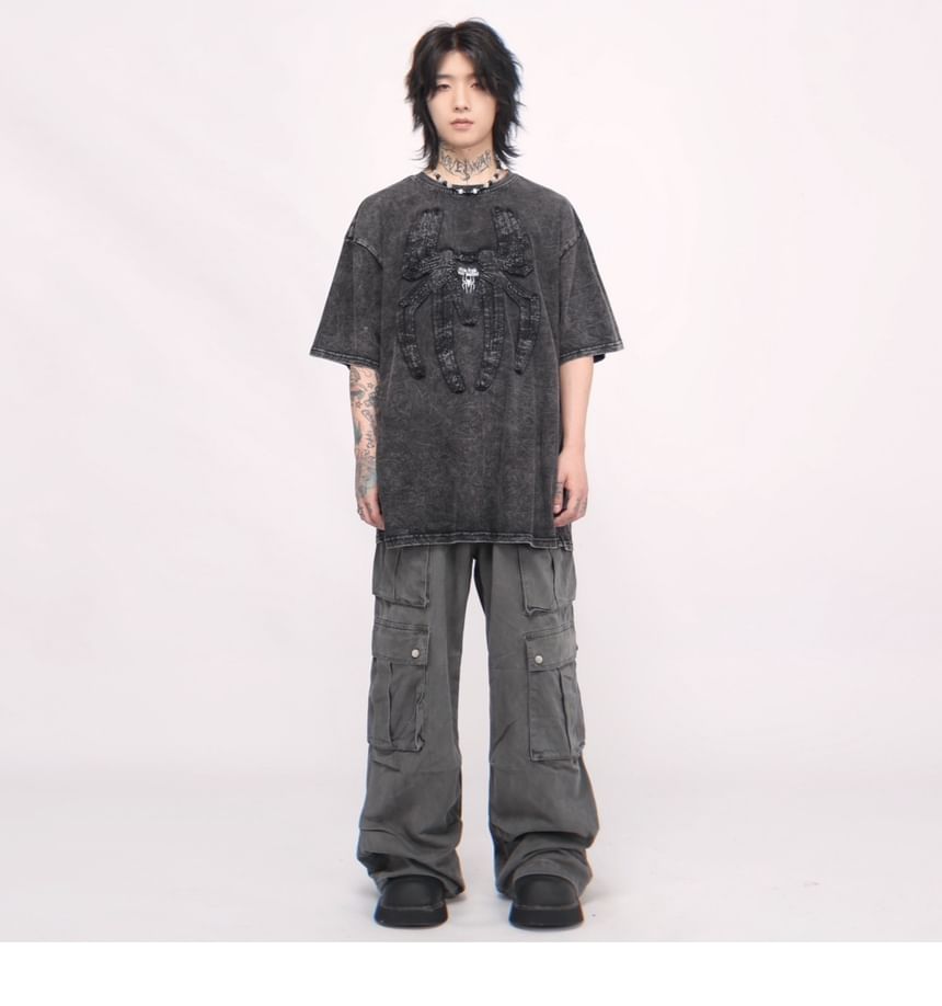 Derbundy - T-shirt met korte mouwen, ronde hals en spinnenapplicatie, gewassen