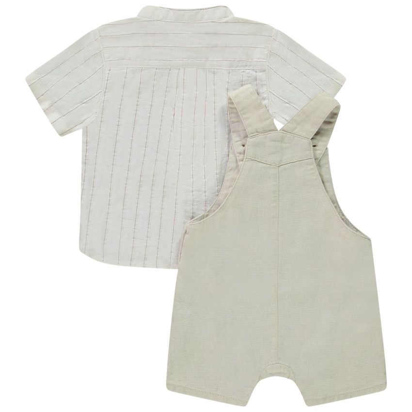 Ensemble salopette courte + chemise manches courtes rayées pour bébé garçon - Ecru