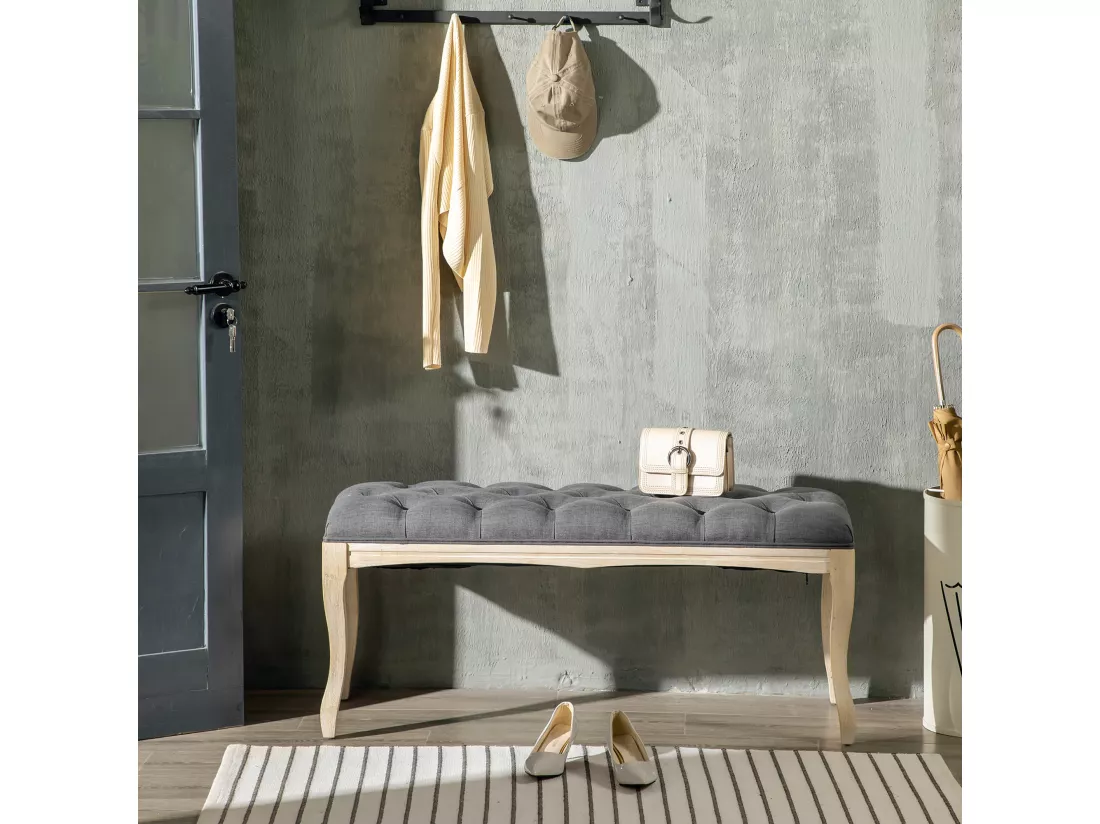 Banc banquette capitonnée style classique chic dim. 110L x 38l x 49H cm piètement bois hévéa sculpté lin gris