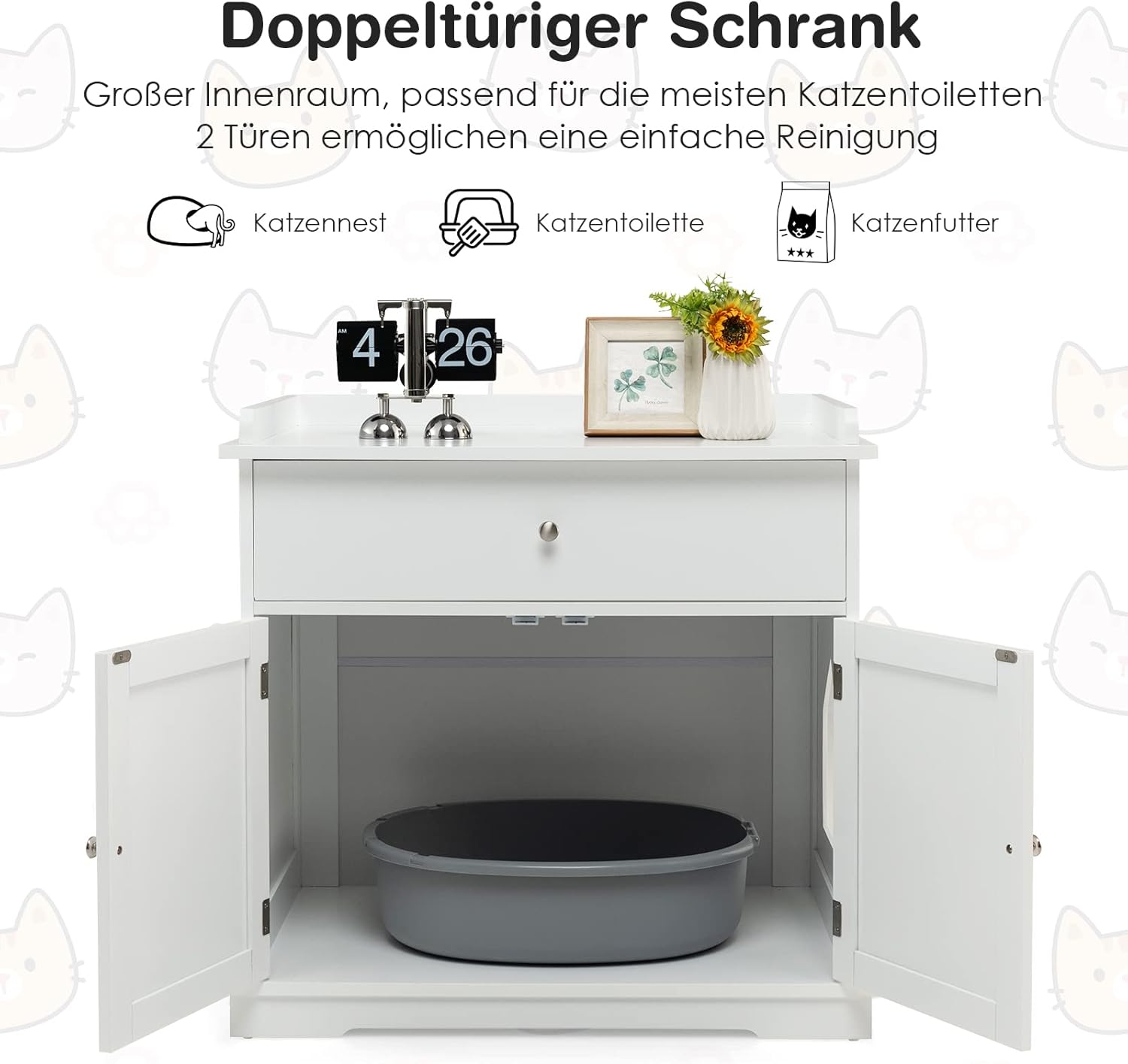 COSTWAY Katzenschrank mit Schublade & Tür & Eingang, 3-in-1 Katzenhaus Katzentoilette Beistelltisch, Schrank Katzenklo Katzenkommode, Katzenhöhle Haustierbox, Katzenmöbel (Weiß)