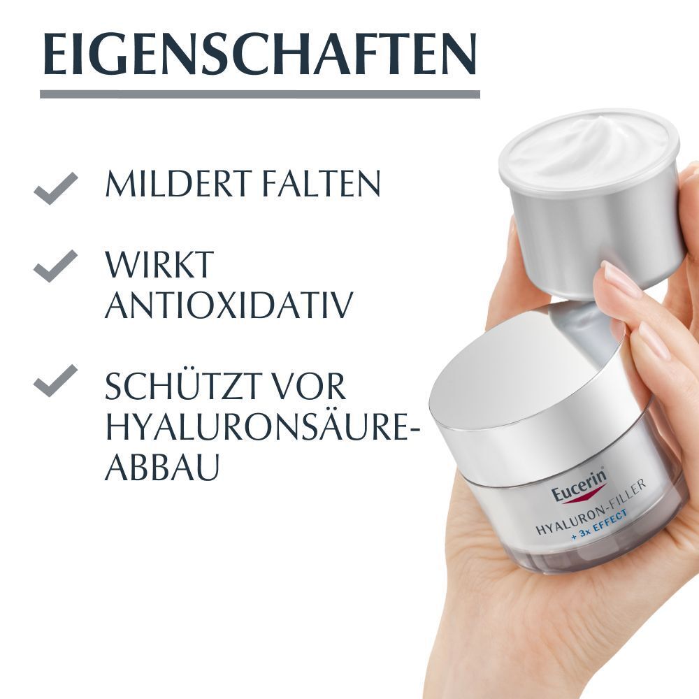 Eucerin® HYALURON-FILLER + 3x Effect Tag LSF 15 trockene Haut Nachfüllkapsel – Dreifach-Wirkung gegen tiefe Falten – antioxidative Tagescreme mit Hyaluronsäure und Saponin für sehr trockene Haut