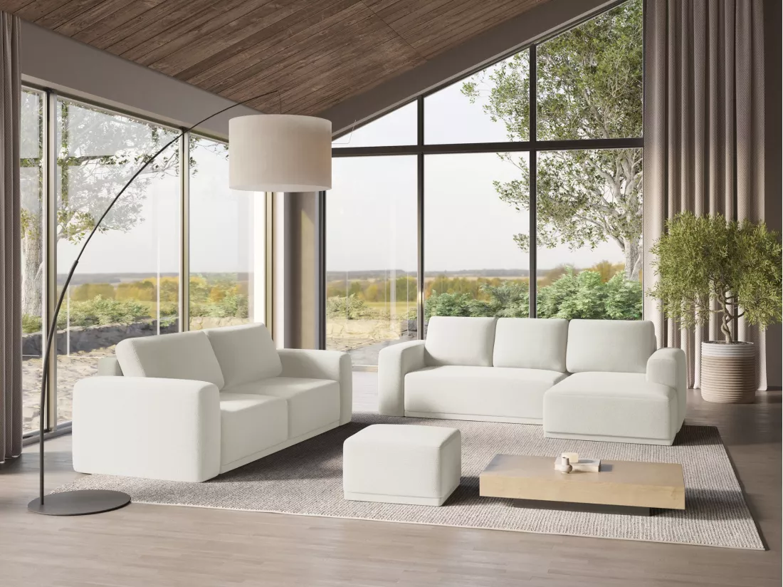 Canapé d'angle panoramique convertible en tissu chenille - blanc - KAILA
