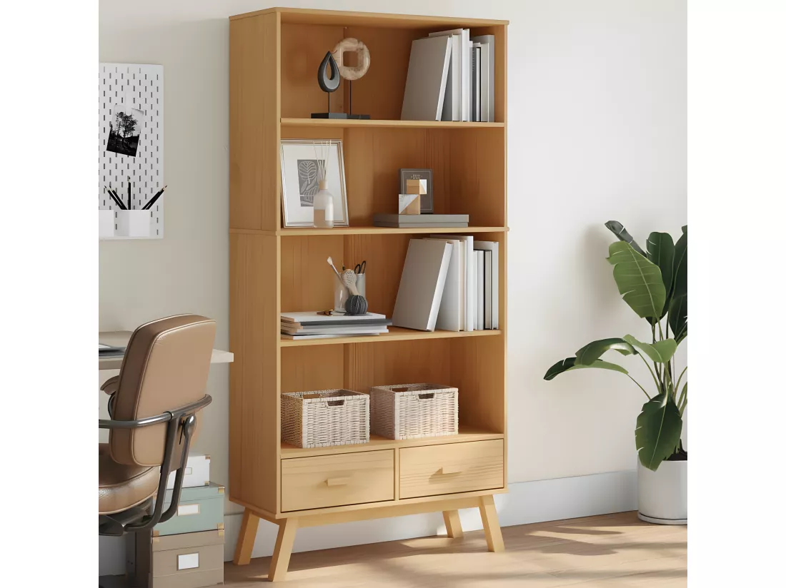 Bibliothèque à 4 niveaux OLDEN marron bois de pin massif