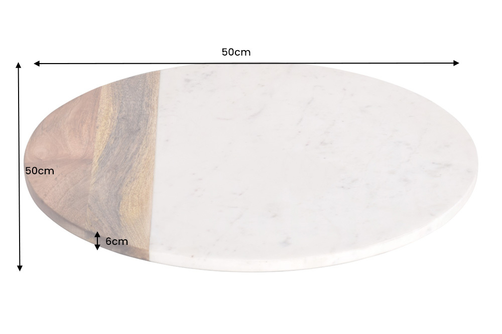Handgefertigter Drehteller SERVANT 50cm weiß natur Marmor Mangoholz Dekoplatte rund